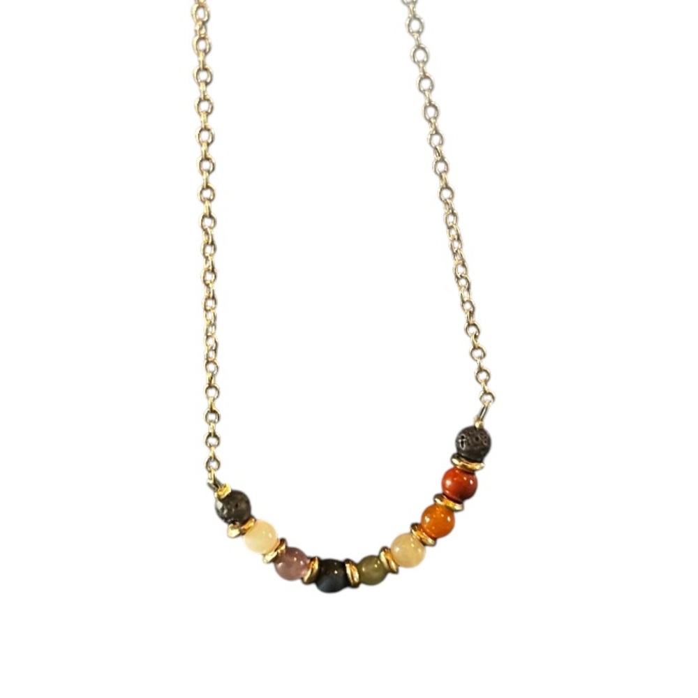Gold Plated Necklace with Rainbow Balls & Lava Rock Accents – Unique & Stylish